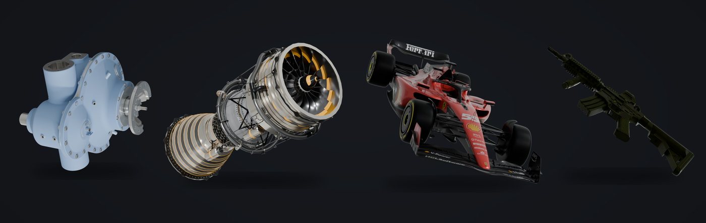A gearbox, a jet engine, a Formula 1 car and a carbine rifle: four of the five 3D models in the study, rendered in Blender Cycles.