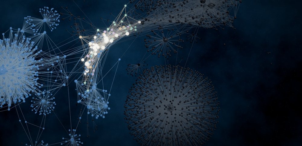A graph of connected engineering knowledge: dense clusters of sources linked to decisions and checks.